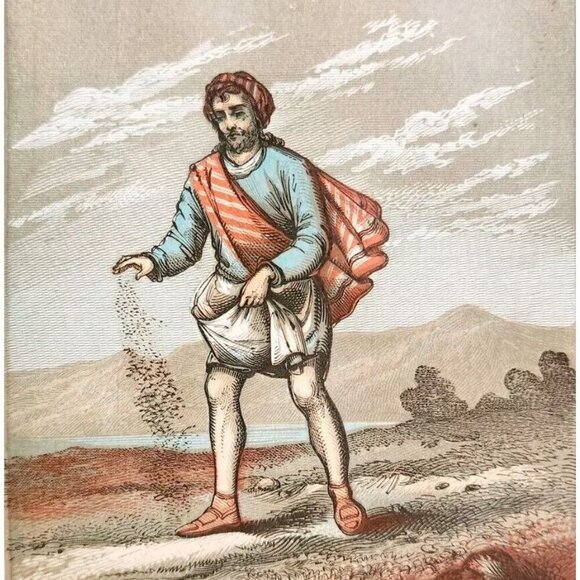 1853 The Seed Sower Rare Colored Engraving Victorian Bible Art Antique DWNN23 - Picture 1 of 4